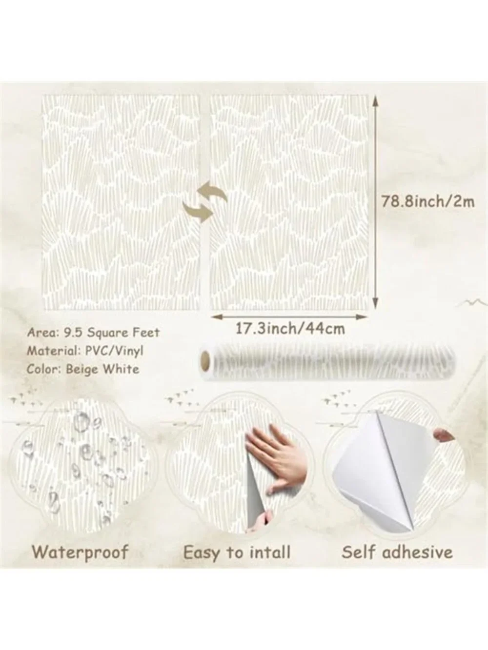 Peel And Stick Wallpaper Beige Stripe Vinyl Waterproof Wall Cover 9.5 Sq Ft